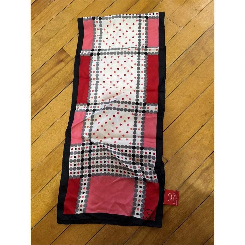 Oscar de La Renta Featherweight Silk Scarf Polka Dot Red Pink Vintage